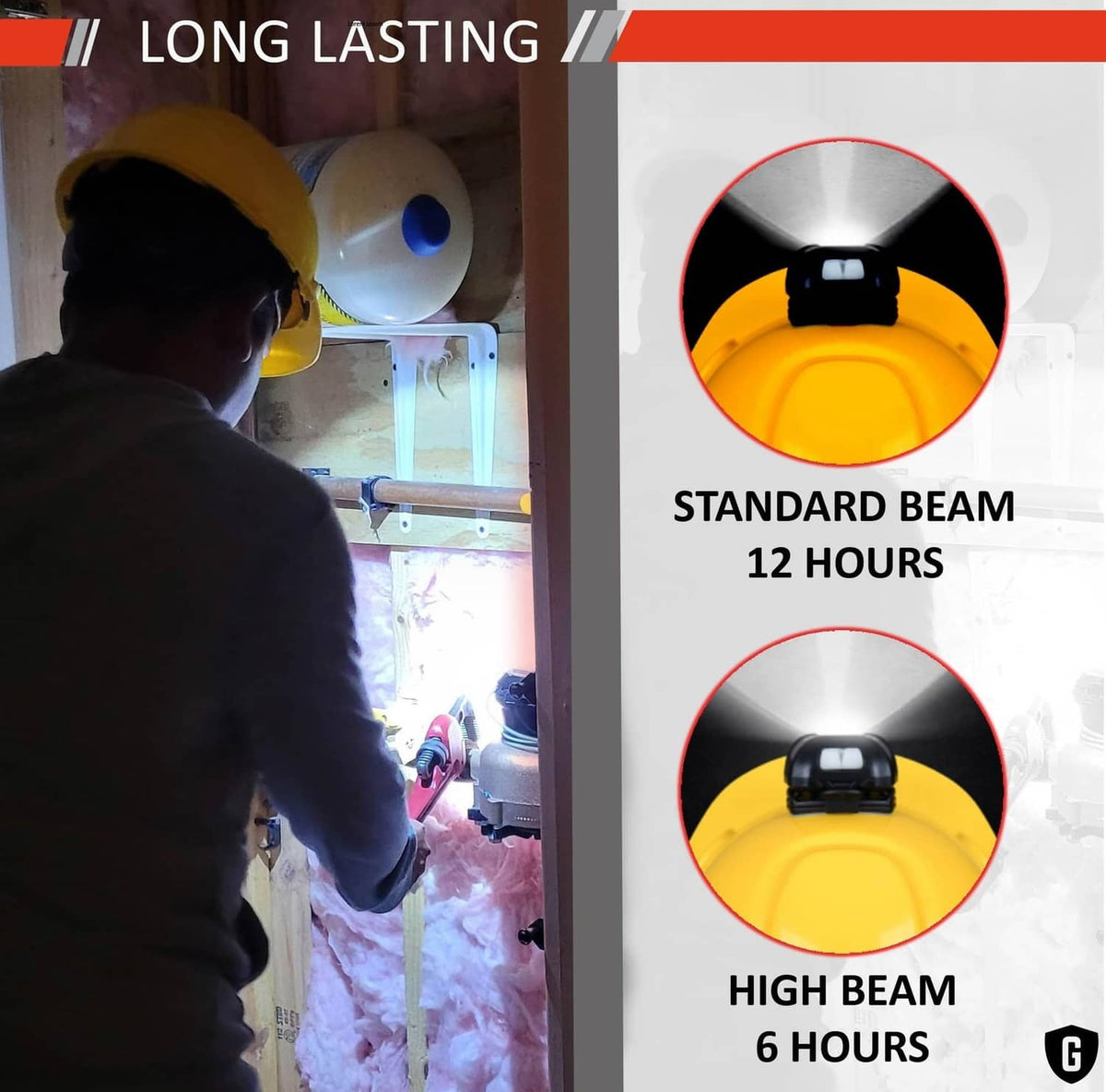 Black hard hat light projecting a bright beam from the front lens