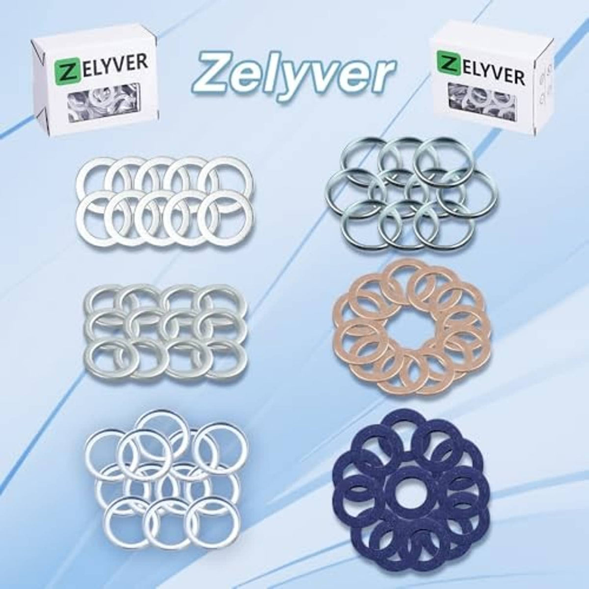 Oil drain plug gasket washers, mixed color crush seal rings: silver, bronze, dark blue