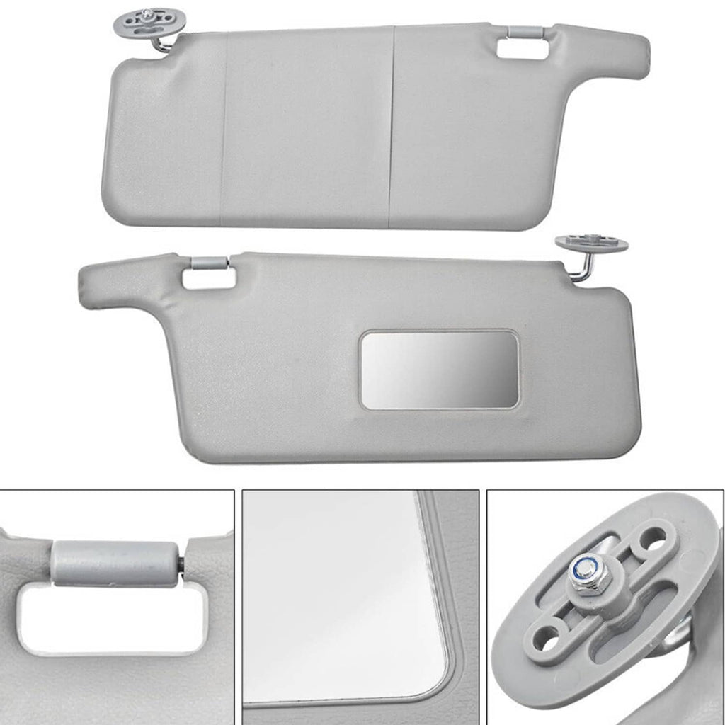 Gray sun visor pair with mirror opening and underside mounting clips