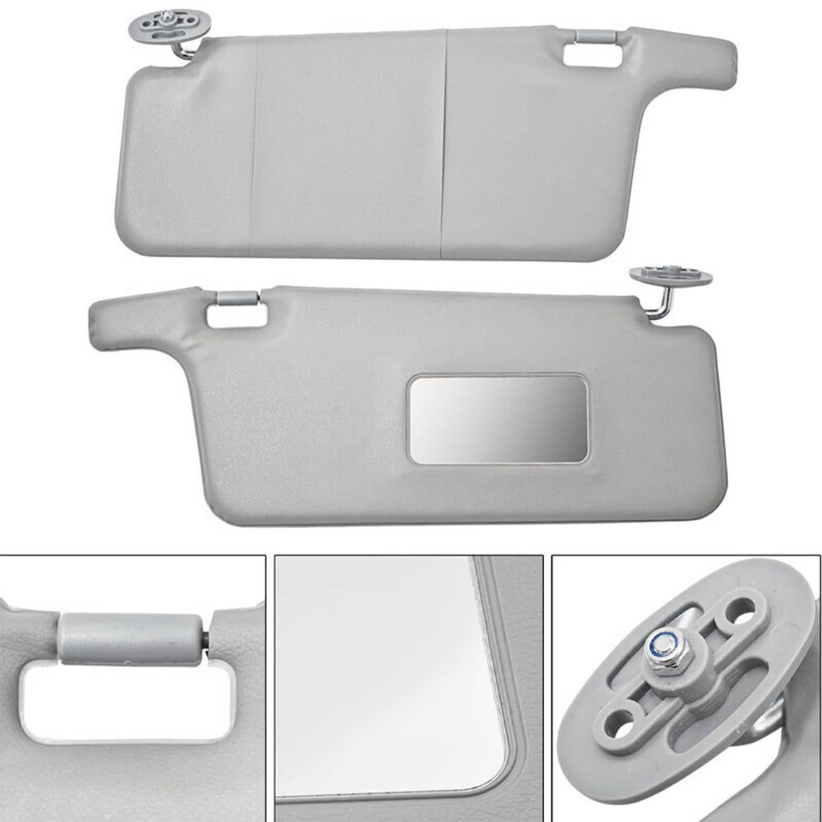 Gray sun visor pair with mirror opening and underside mounting clips