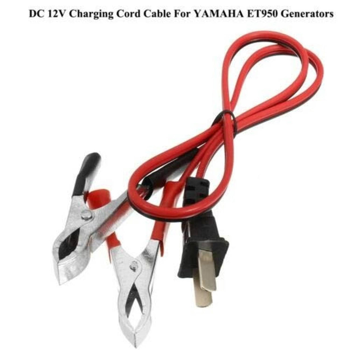 12V charging cord cable with red wire, two metal alligator clips, and plug ends