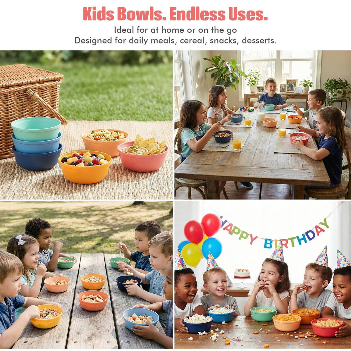 Colorful deep plastic bowls for snacks, shown on table with picnic foods.