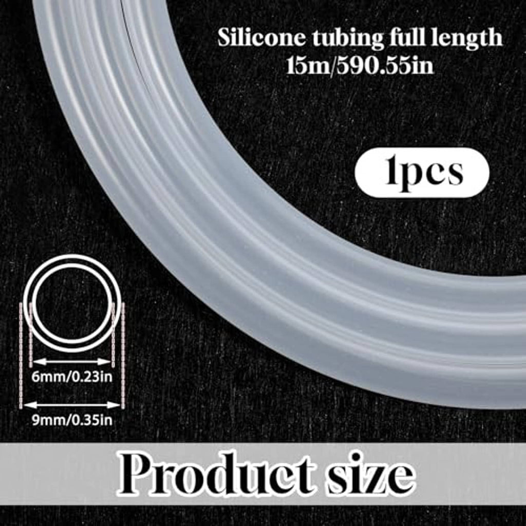 Transparent silicone tubing in a loose coil, labeled length and size on graphic