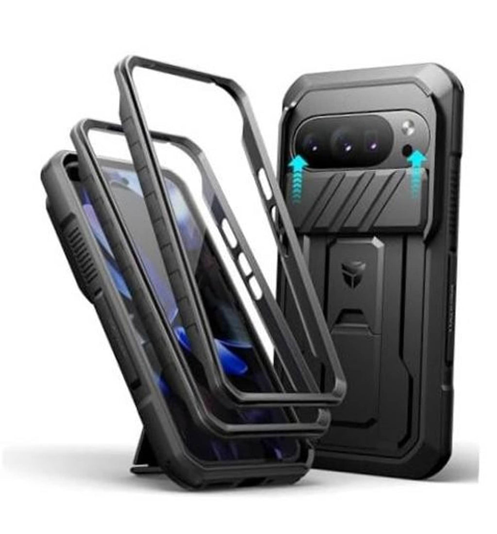 Black rugged phone case with slide camera cover and front frame support, angled view