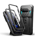 Black rugged phone case with slide camera cover and front frame support, angled view