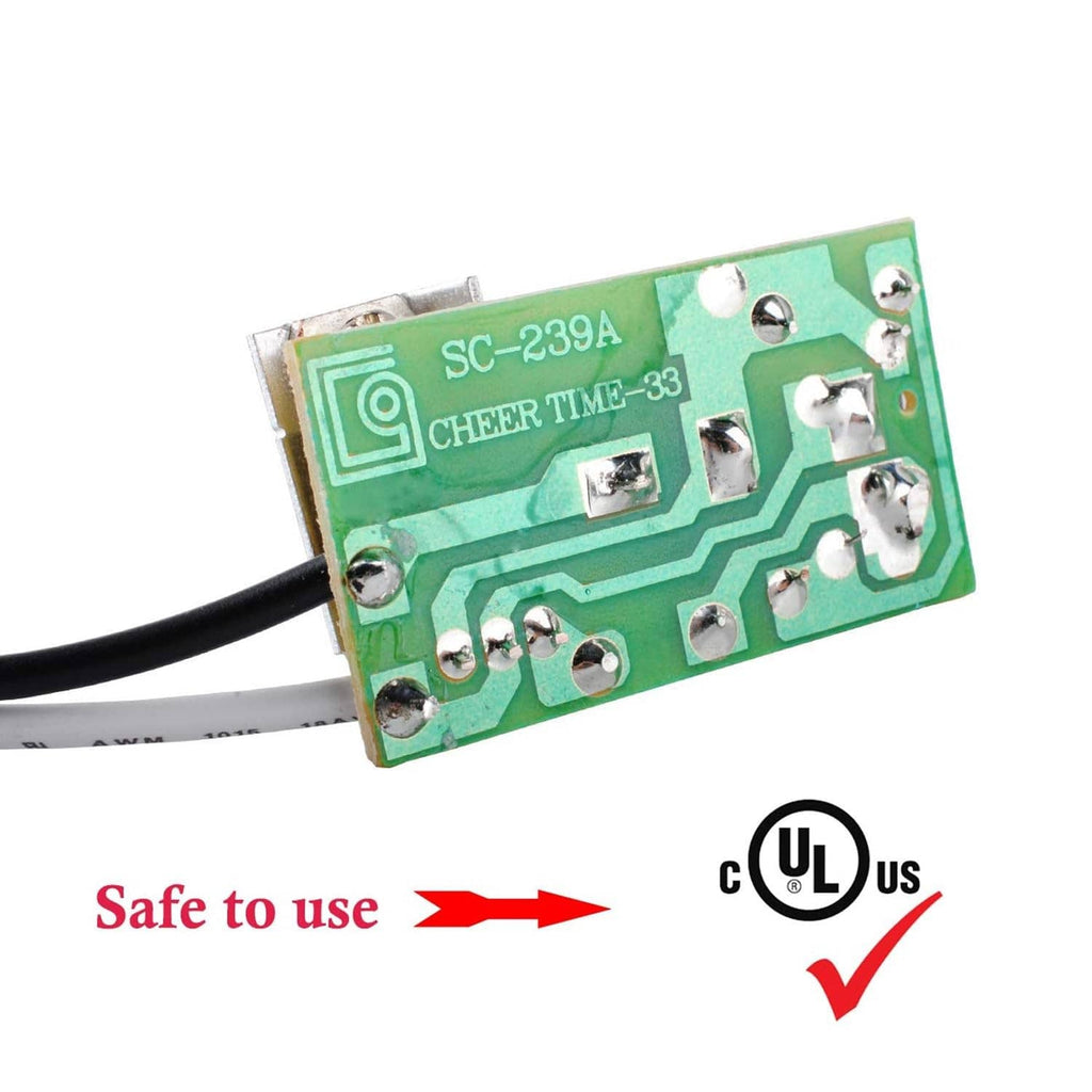 Dimmer switch circuit board with green PCB, mounting holes, and UL listed mark