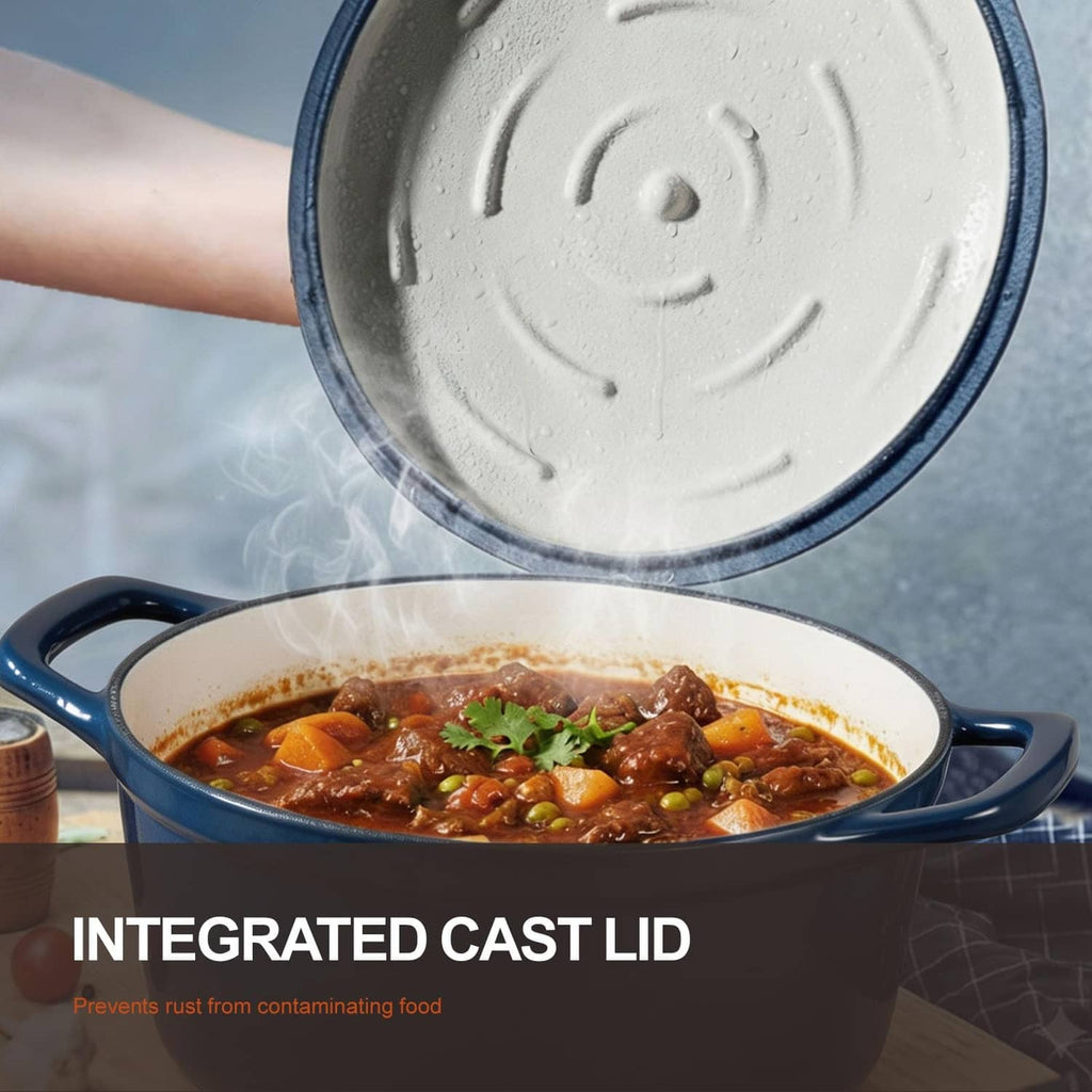 Blue enameled Dutch oven lid interior with embossed vent pattern