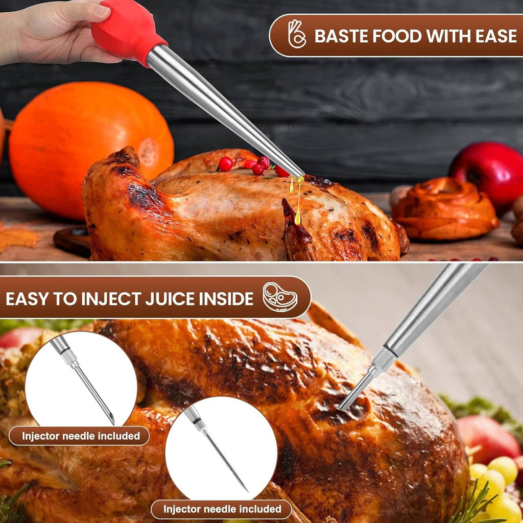 Stainless turkey baster with red bulb head injector needle for basting juice