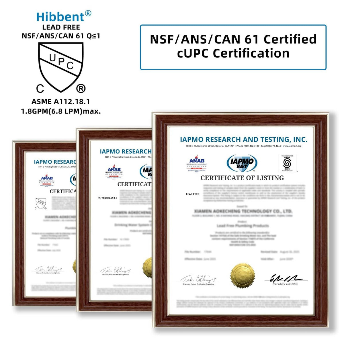Hibbent cUPC certified kitchen faucet head replacement documentation and certificates