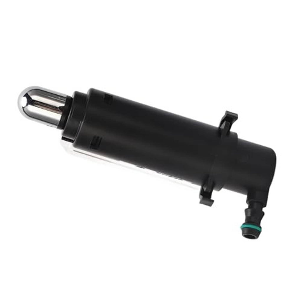 Headlight washer nozzle jet with black body, chrome outlet, and green hose valve connection