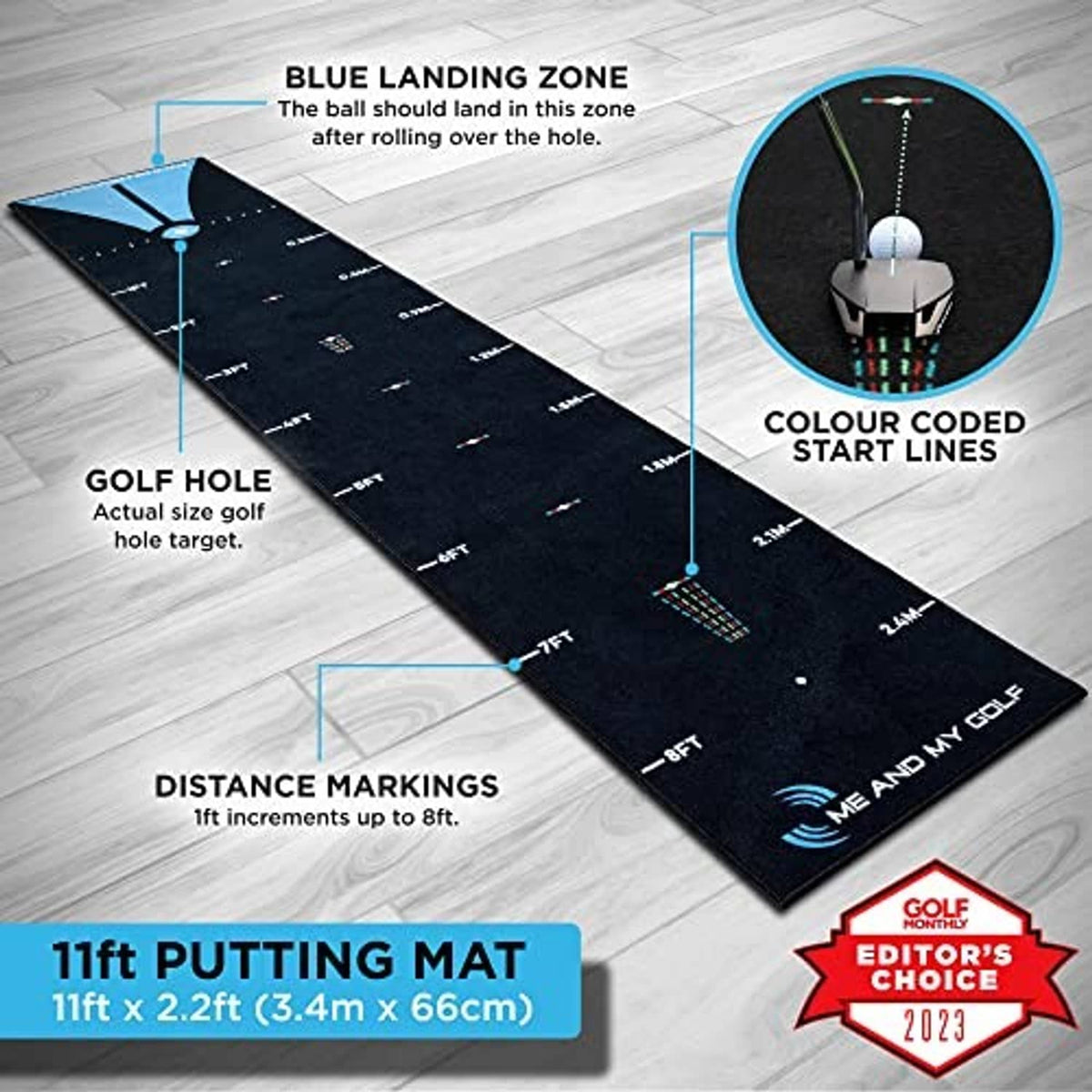 Black putting mat with start lines, distance markings, and a golf hole target