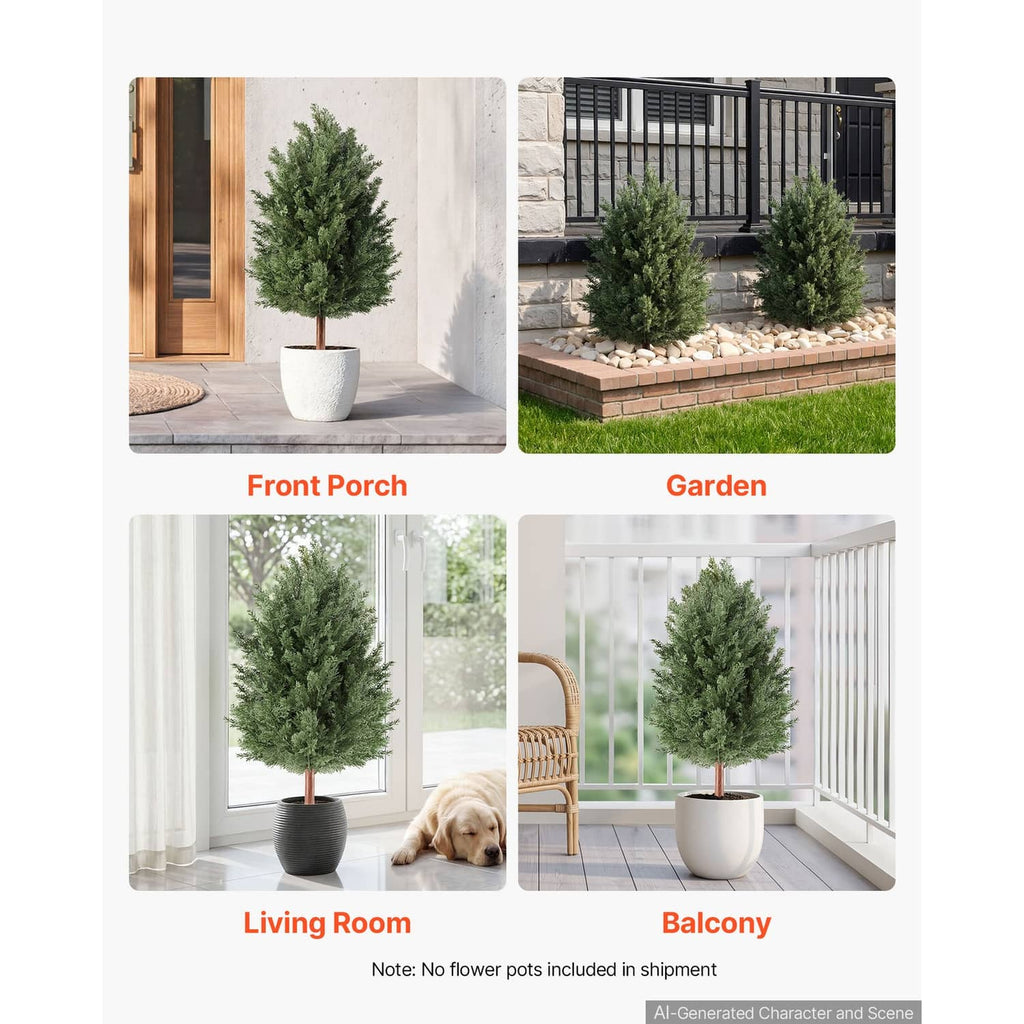 Artificial cedar topiary bushes displayed on porch, garden, living room, and balcony