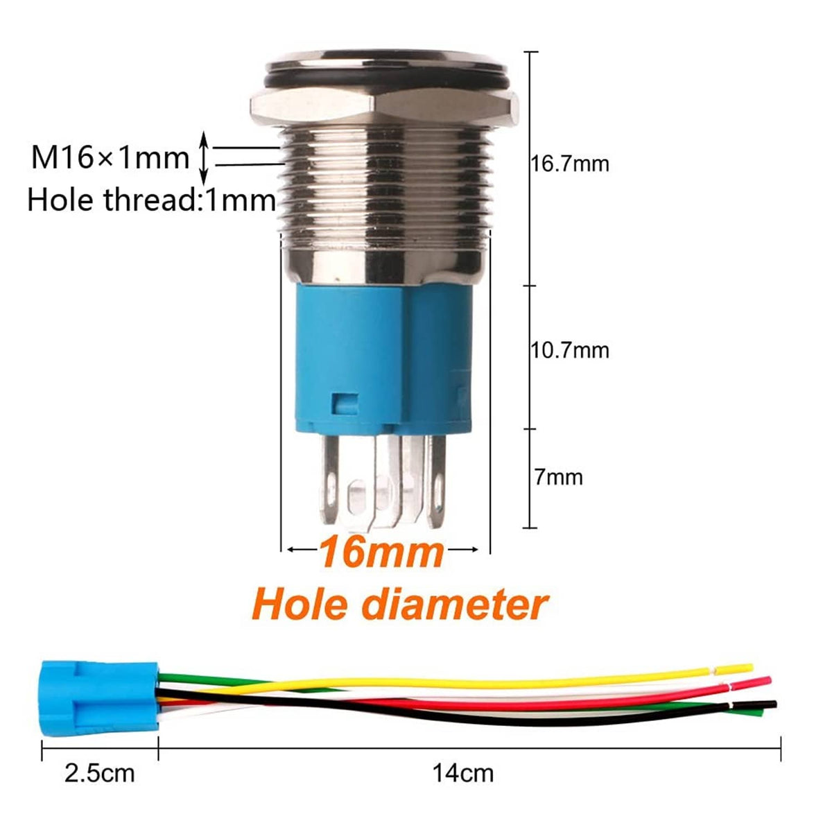 Momentary horn push button with threaded metal body, blue base, and size diagram