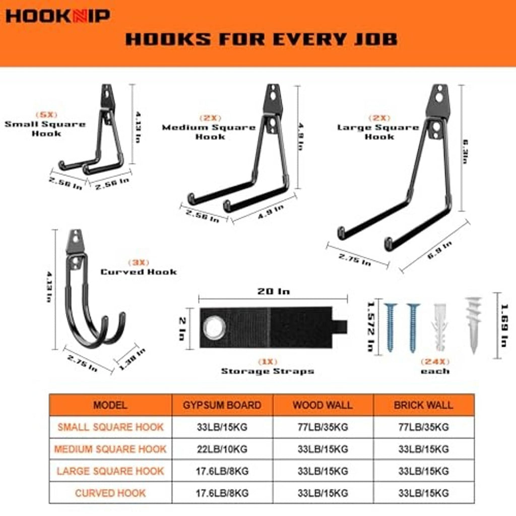 Hook size guide graphic for small, medium, large and curved double wall hooks with straps