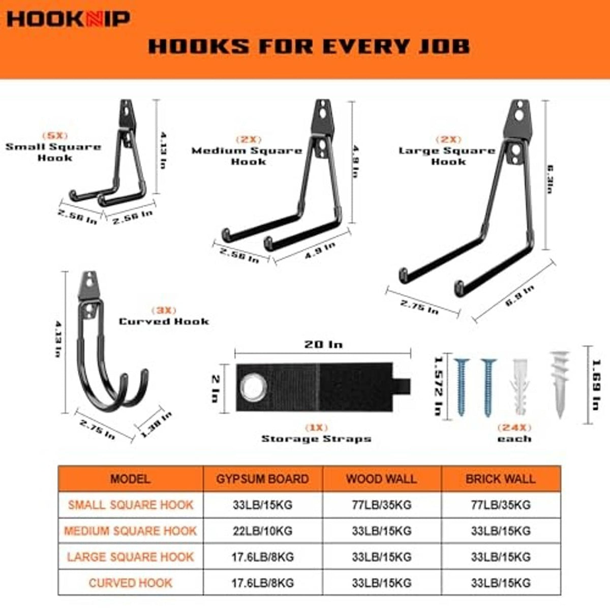 Hook size guide graphic for small, medium, large and curved double wall hooks with straps