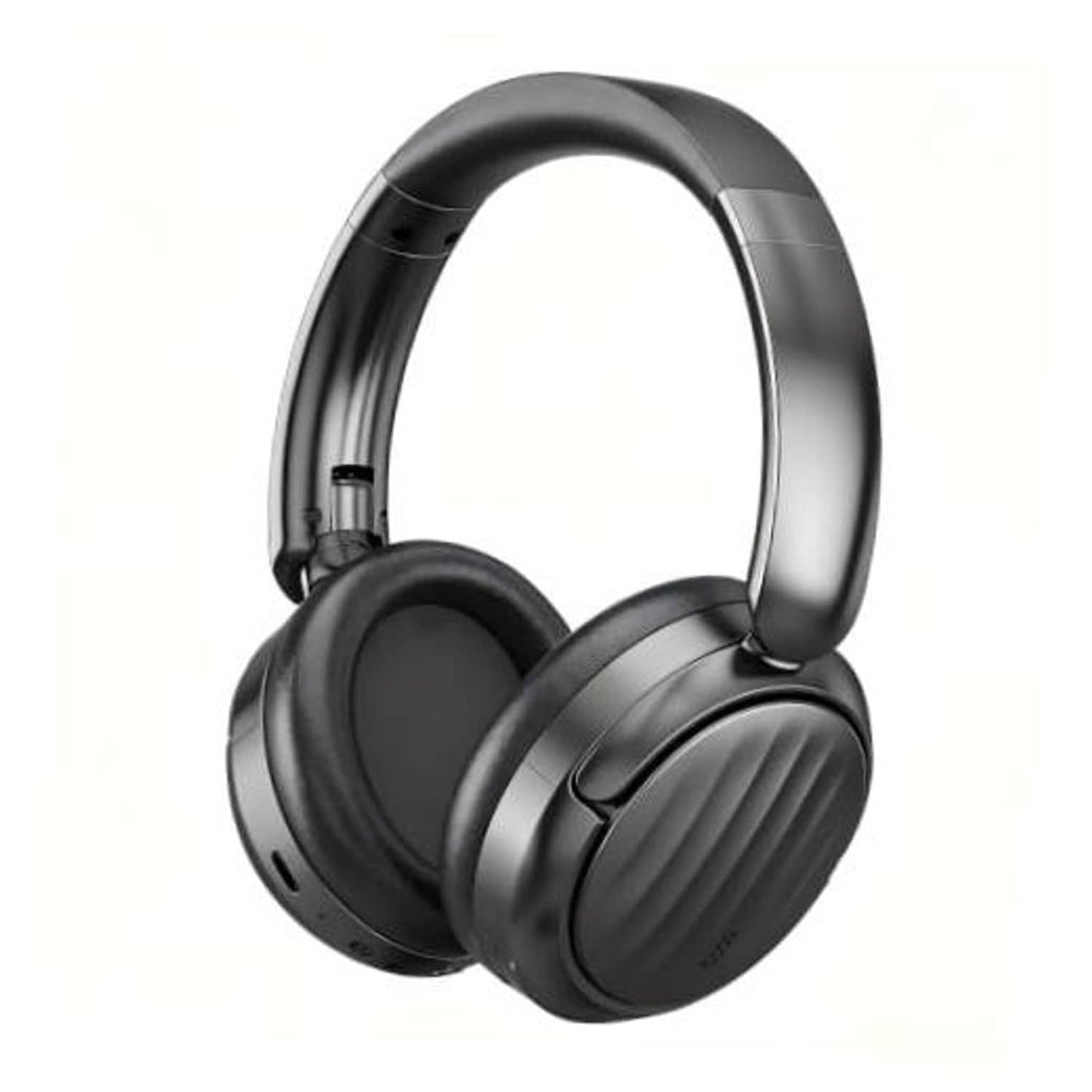 Black over-ear Bluetooth headphones with padded ear cups and adjustable headband