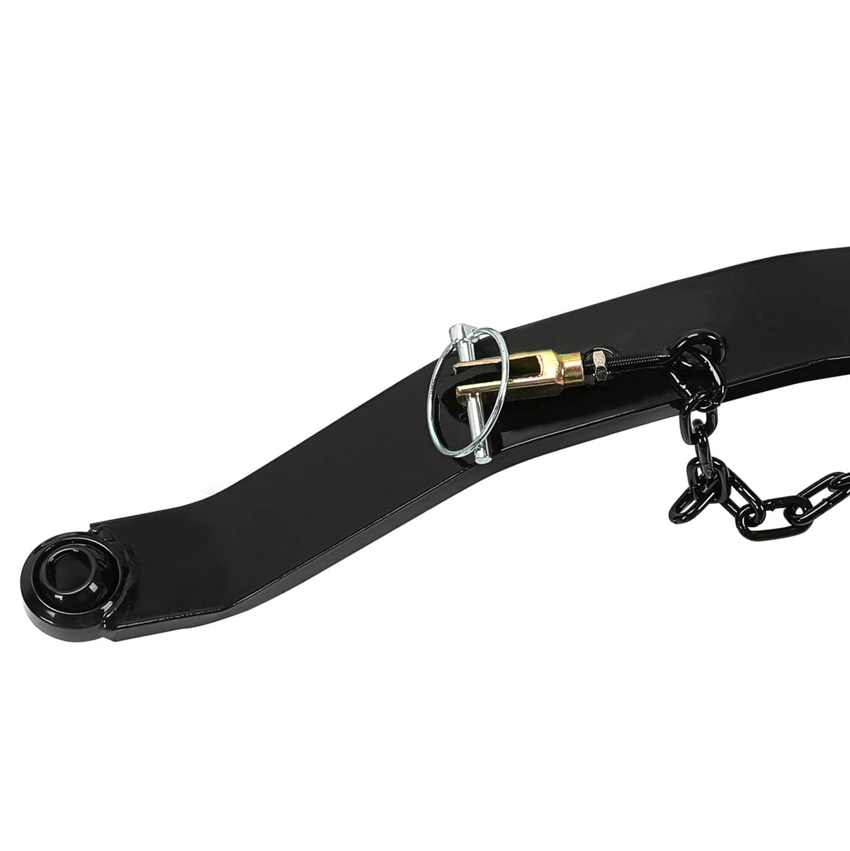 Rear 3-point hitch arm with black bar, clevis pin, chain and retaining clip