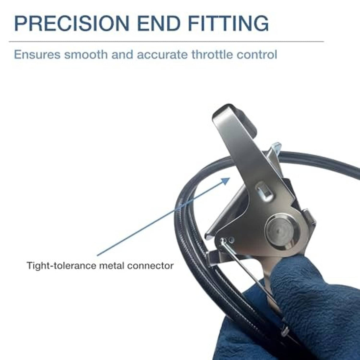 Throttle control cable metal end connector, gripped with blue gloves