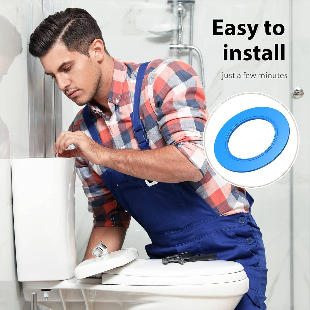 Blue flush valve seal ring icon during quick toilet installation