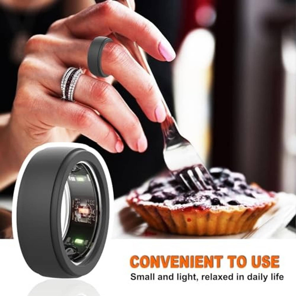 Black smart ring protector cover being placed by hand over a ring