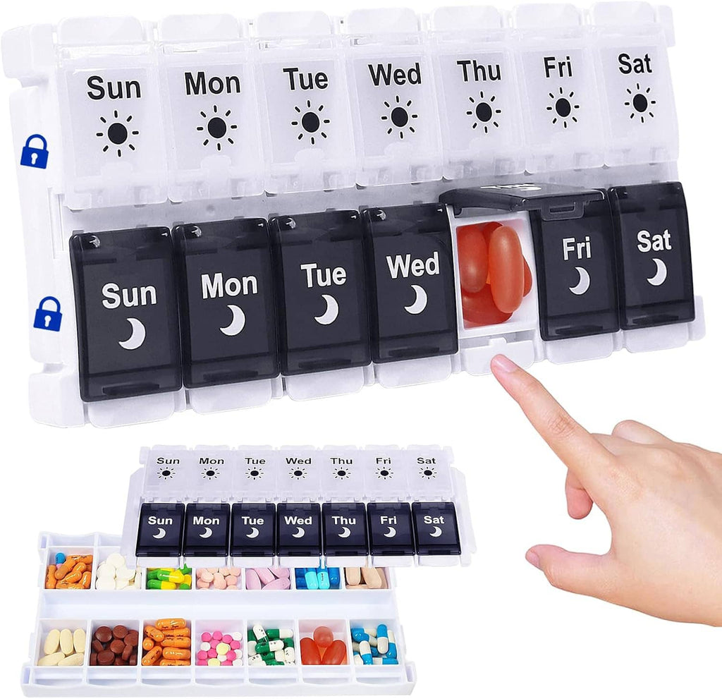 Weekly pill organizer with Sun–Sat compartments, finger opening Wed section, red capsule