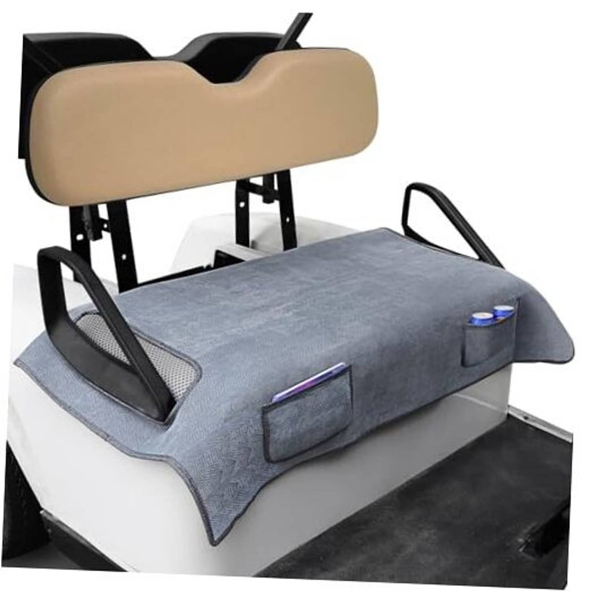Gray golf cart seat blanket cover with two front pockets and armrest cutouts