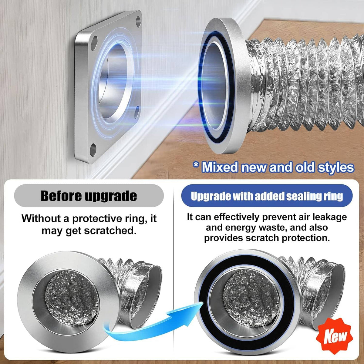 Dryer vent coupler showing sealing ring on the wall plate with foil hose connection
