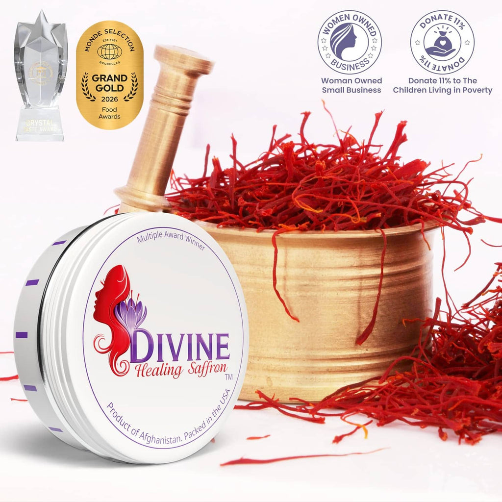 Red saffron threads in a burlap bag with Divine Healing Saffron tin container