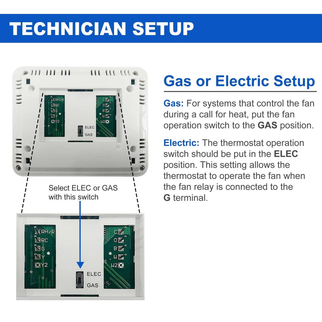 Thermostat technician setup diagram showing gas or electric switch setup