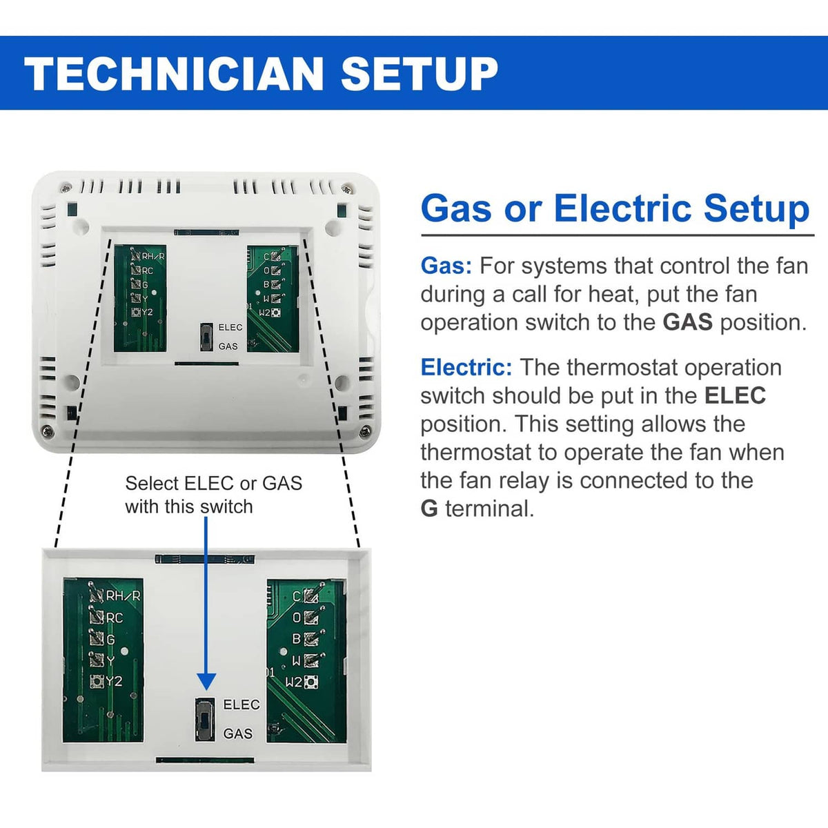 Thermostat technician setup diagram showing gas or electric switch setup