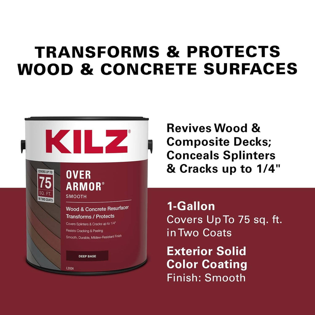 KILZ Over Armor coating can showing 1-gallon size and smooth finish in Rustic Cherry
