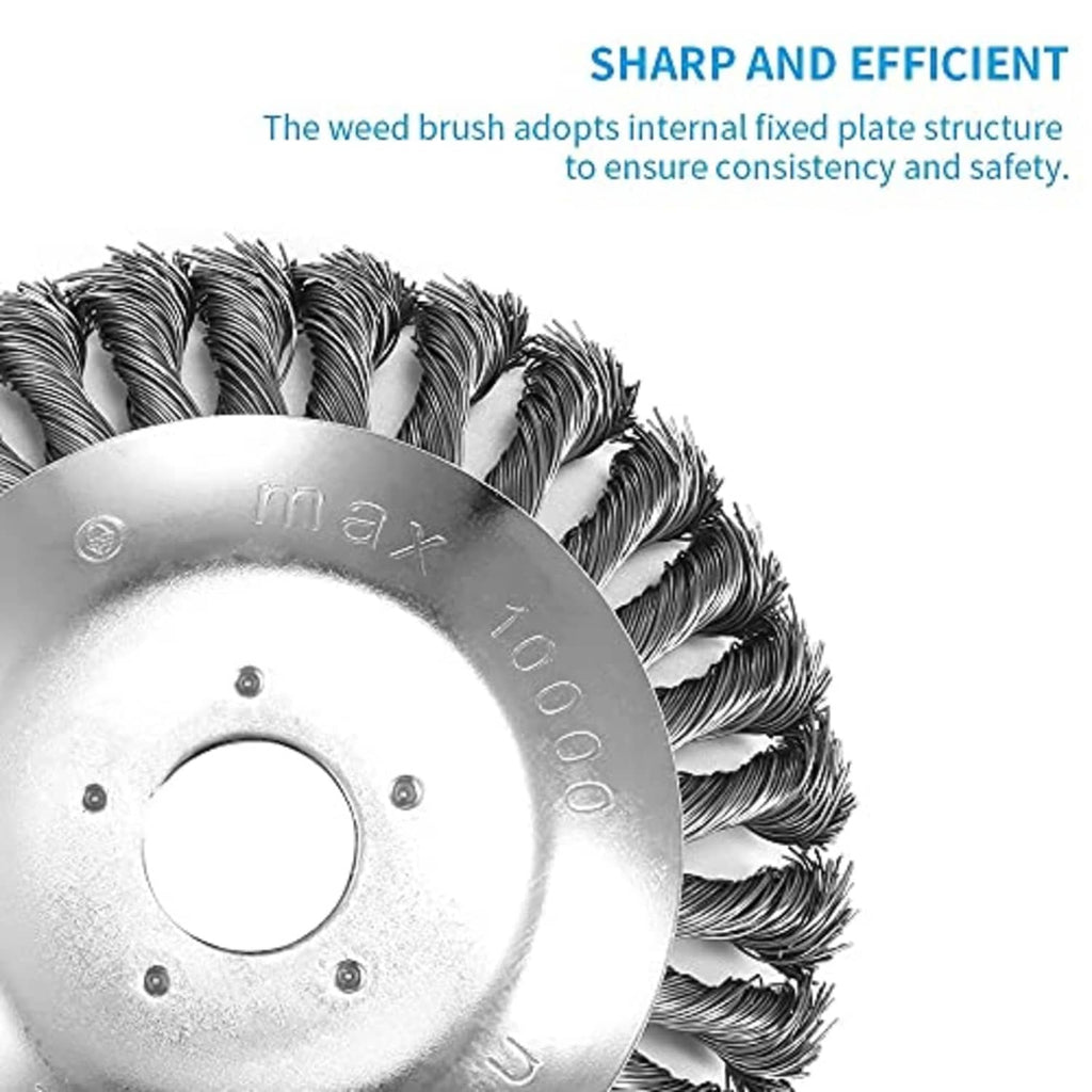 Close-up wire weed brush: round metal plate with bolt holes and steel bristle ring