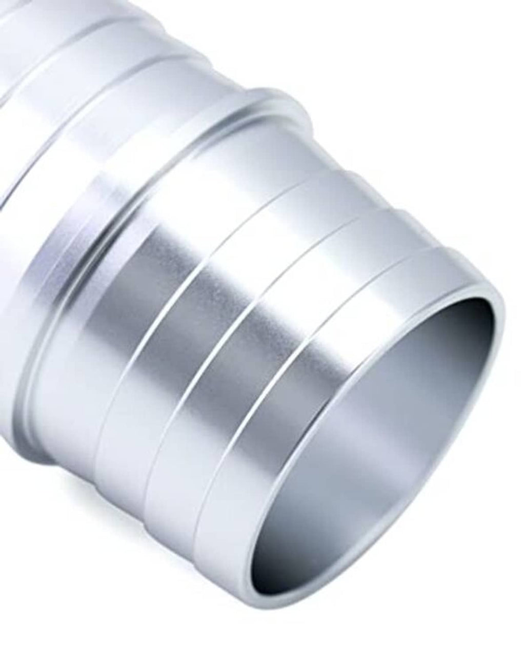 Aluminum hose barbed fitting, close-up of ribbed sleeve and dark flared outlet