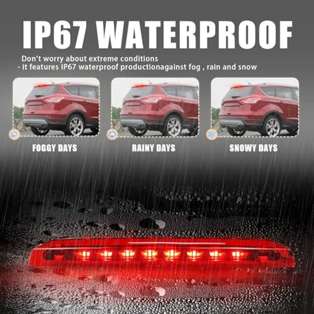 LED third brake light with red LED bar shown in wet-weather graphic