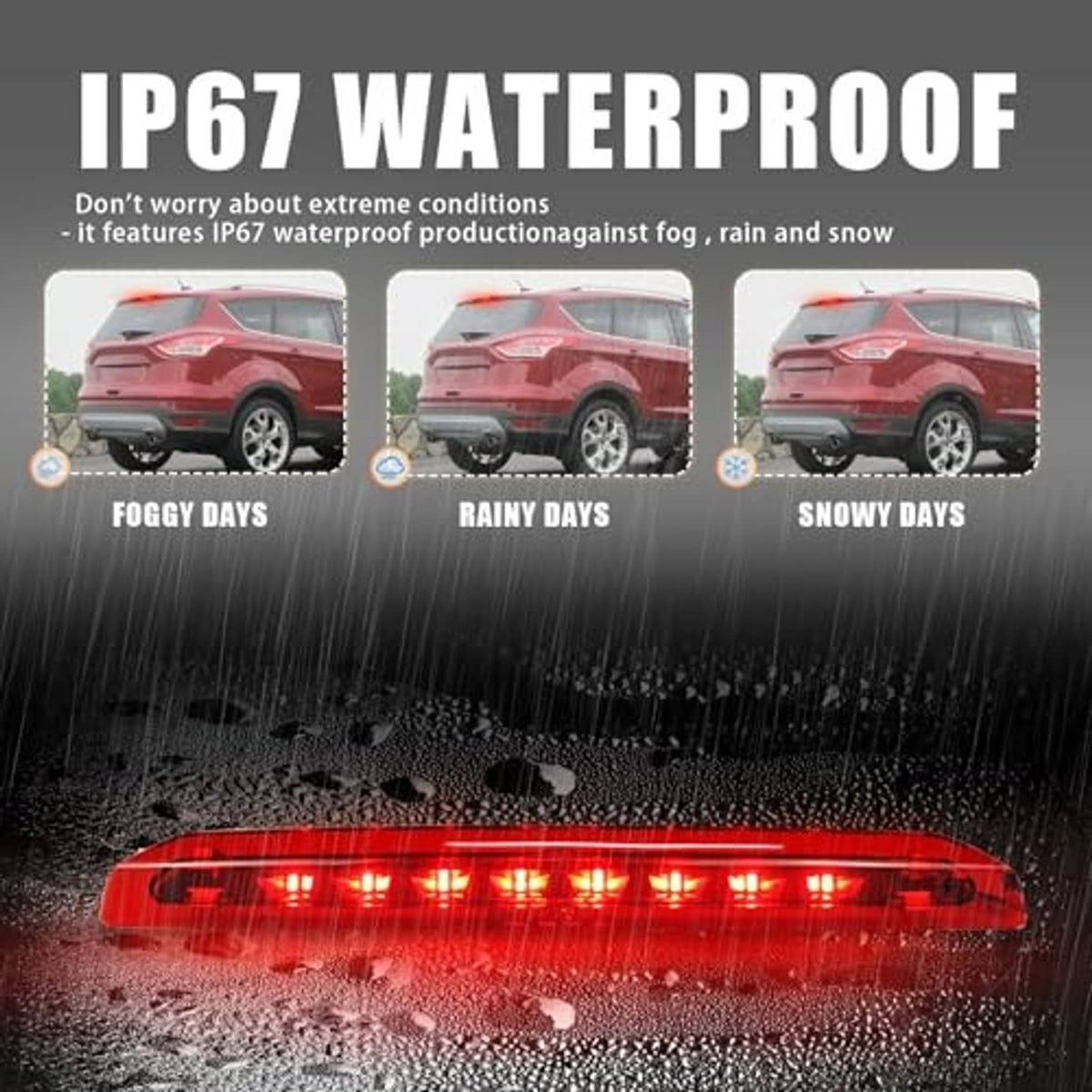 LED third brake light with red LED bar shown in wet-weather graphic