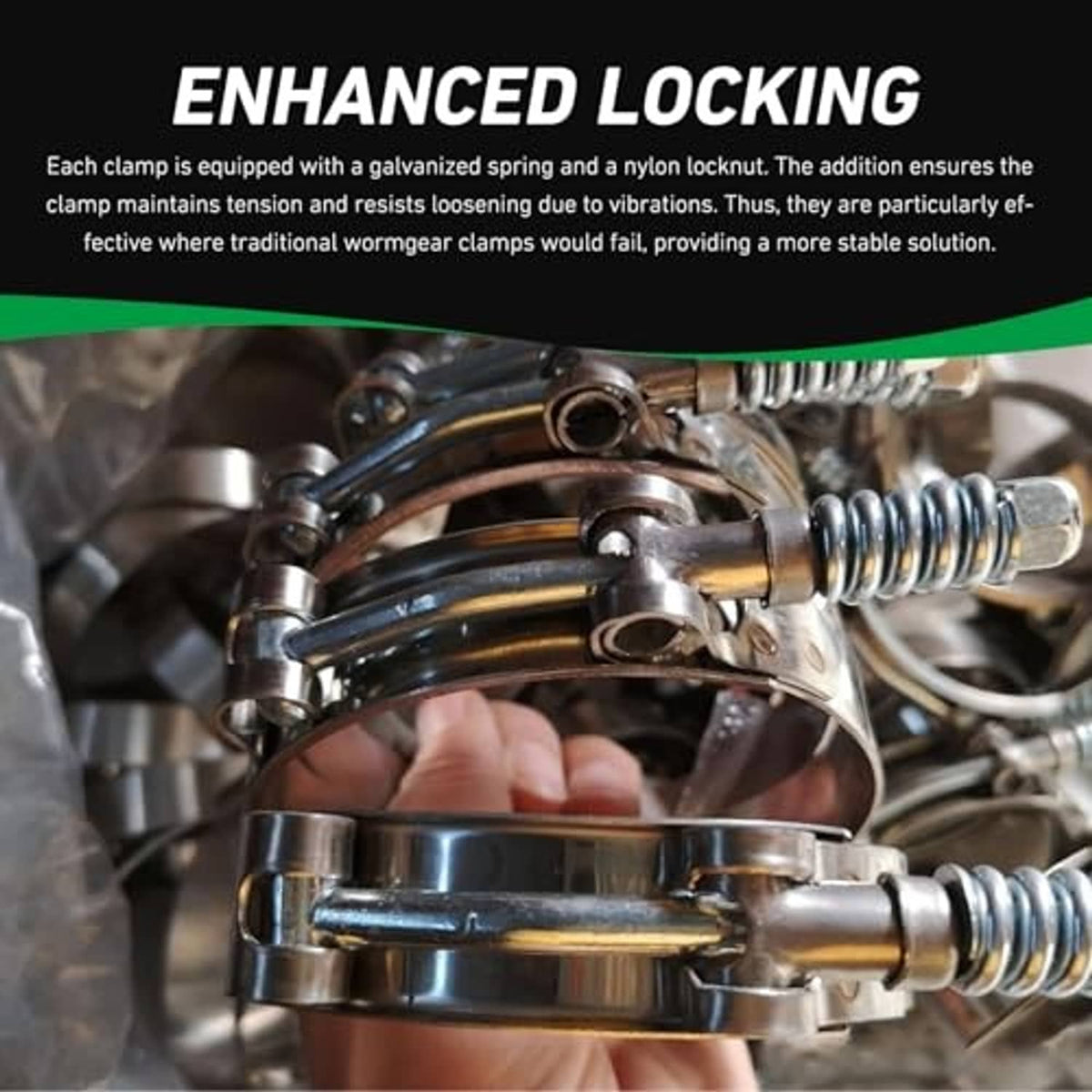 Stainless steel T-bolt hose clamp tightened on a hose connection, with bolt threads