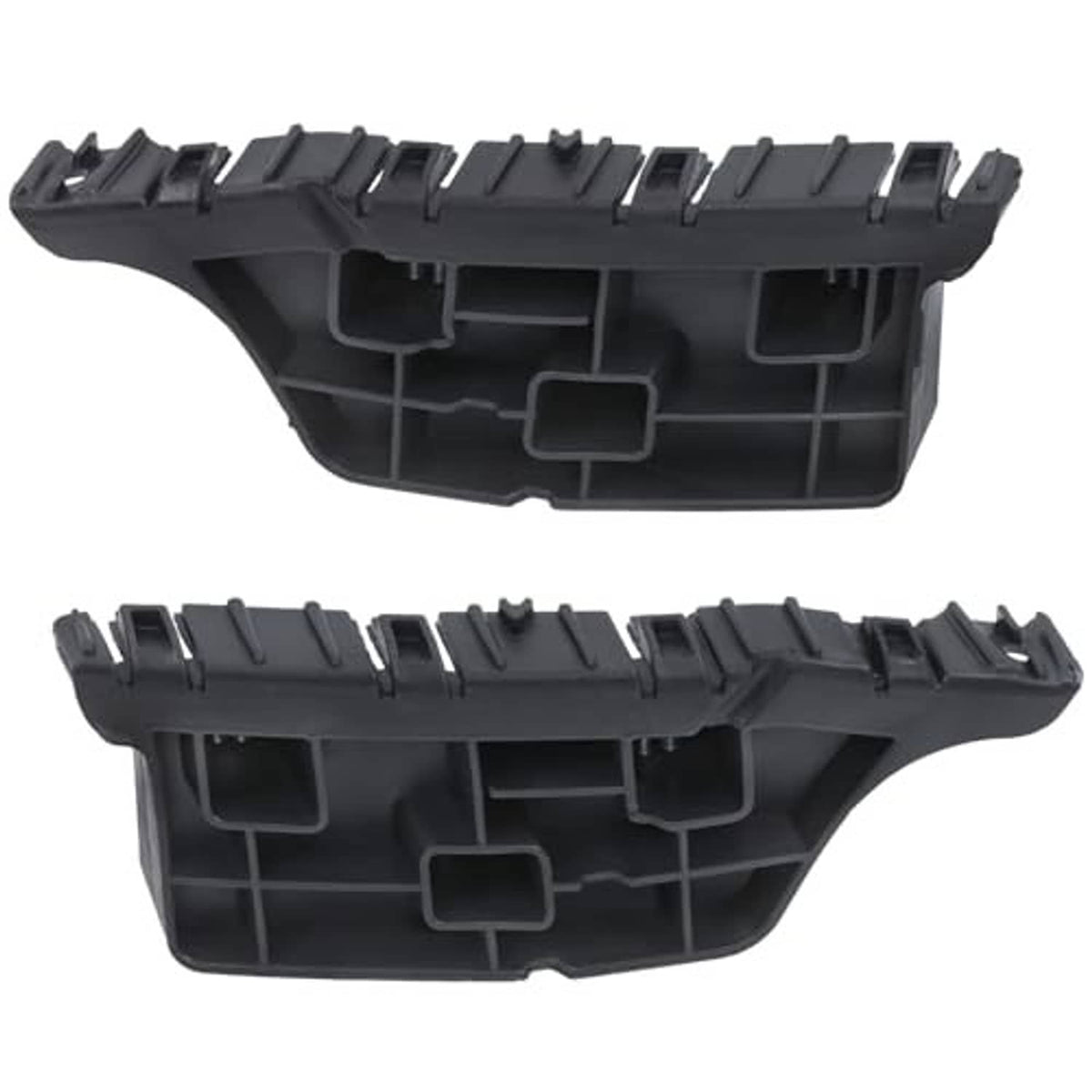 Pair of black plastic front bumper brackets with mounting bays, slots, and tabs