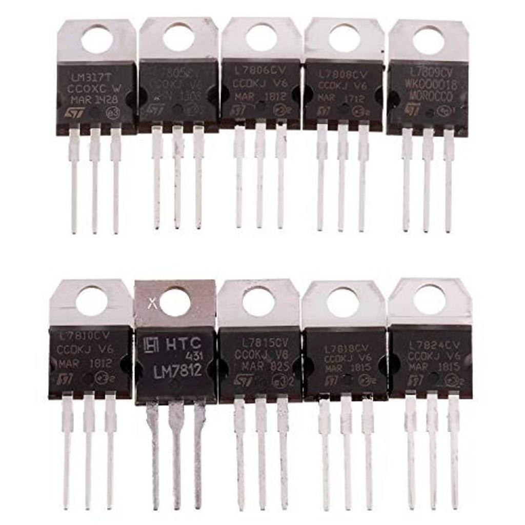 Assorted voltage regulator ICs with metal tabs and three leads each