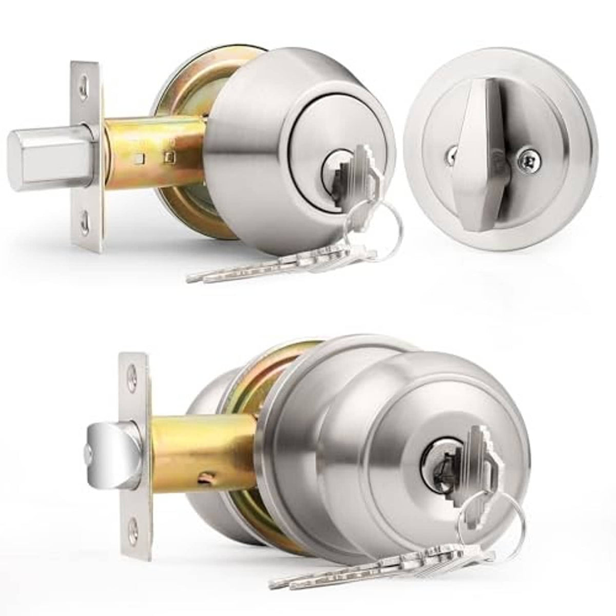 Brushed nickel door knob and deadbolt set with keys, two-piece angled view