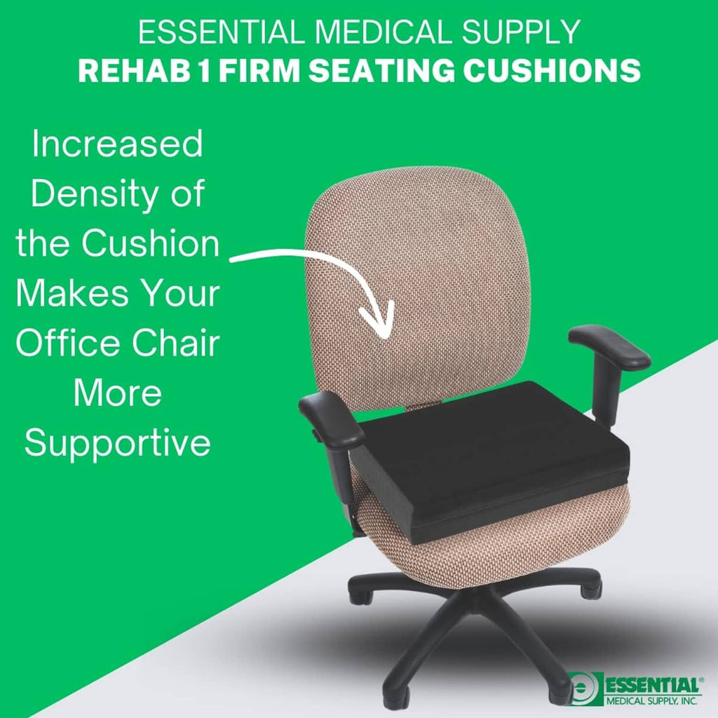 Firm foam seating cushion on office chair seat, dark charcoal