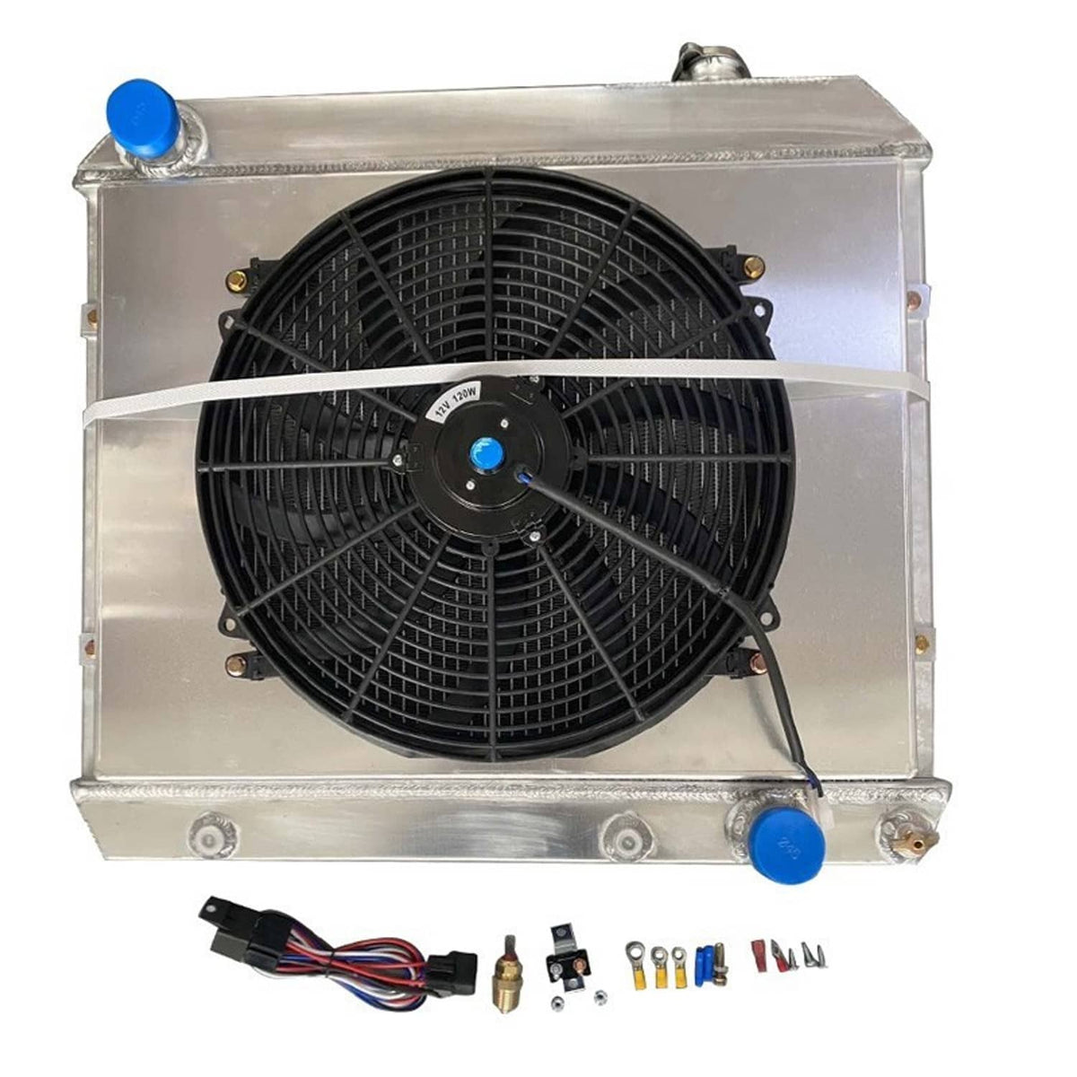 Front view aluminum radiator shroud fan assembly with black fan and wiring leads