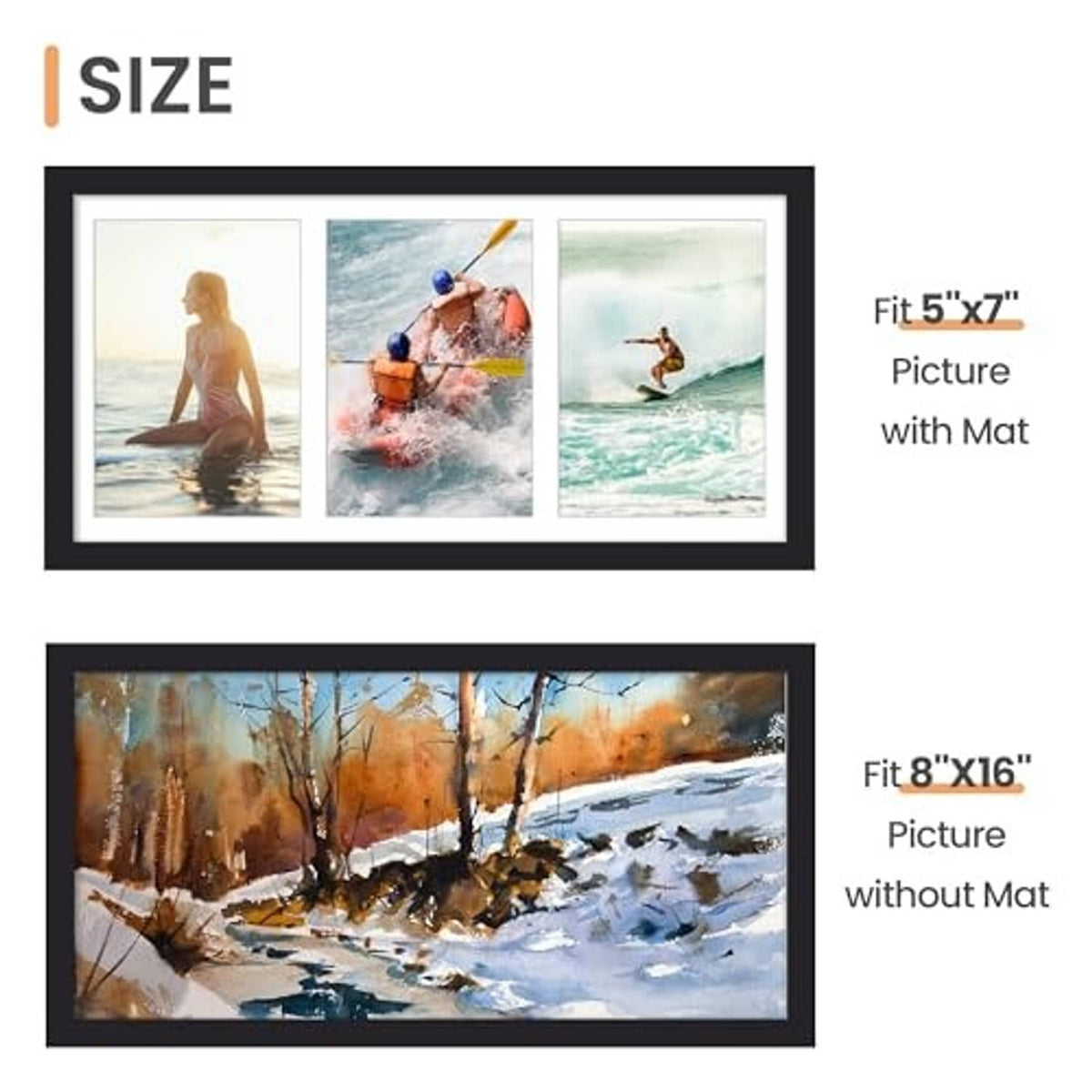 Black collage picture frame: fits 5x7 with mat, 8x16 without mat
