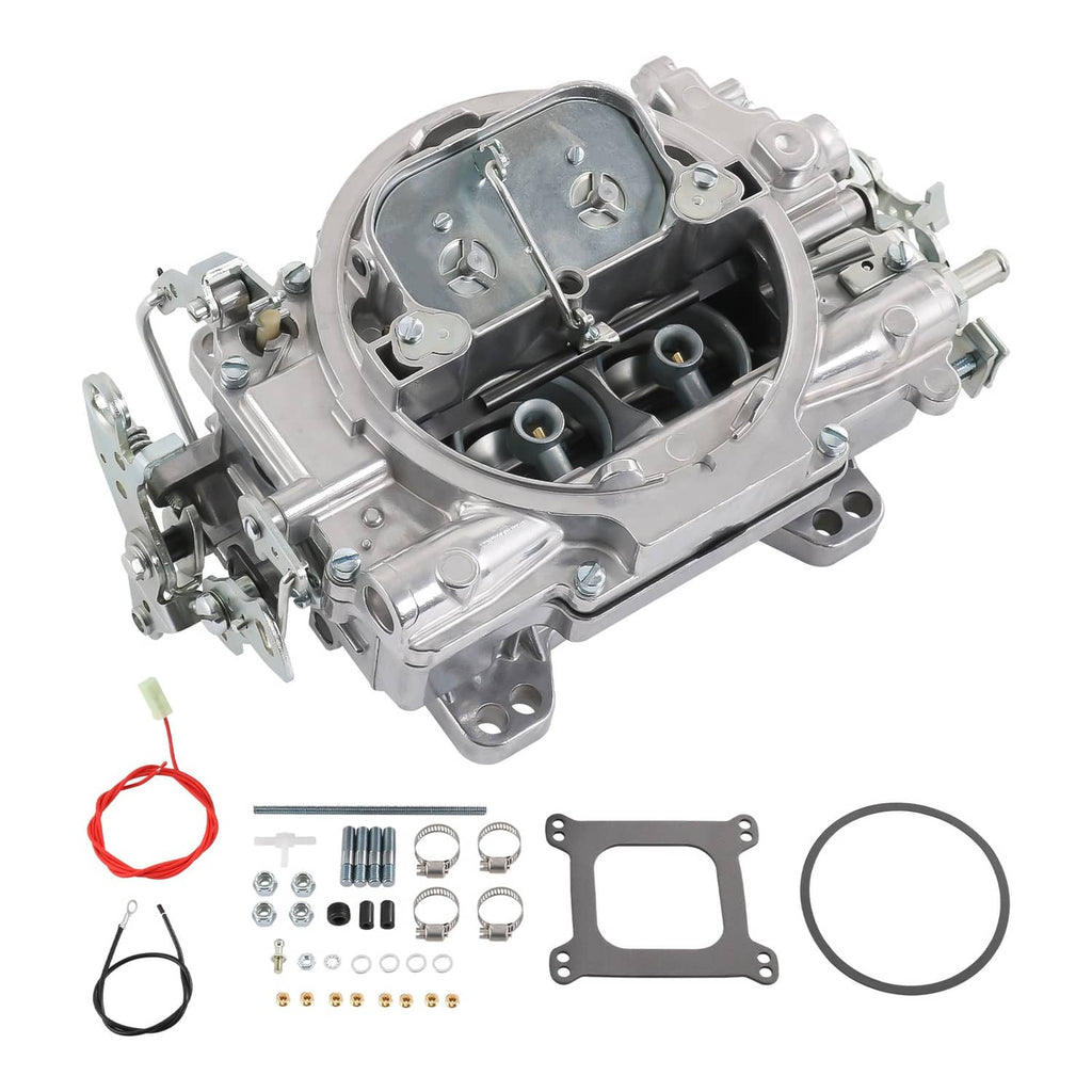 Carburetor assembly with manual choke housing, fuel fittings, and mounting flanges