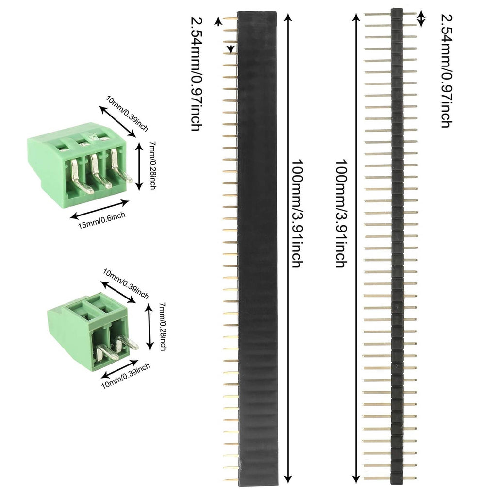 PCB pin header strips and measured connectors with black and gold pins