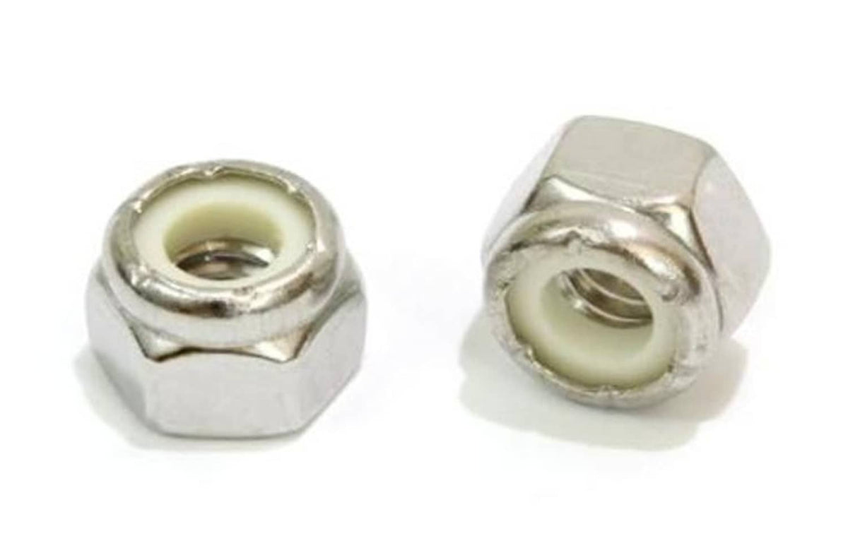 Two stainless steel hex lock nuts with cream nylon inserts, threaded openings