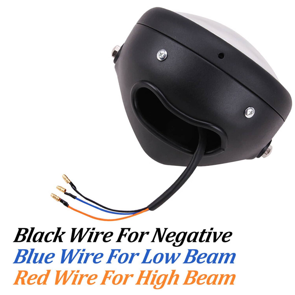 Black motorcycle headlight with wire leads and side mounting bolts