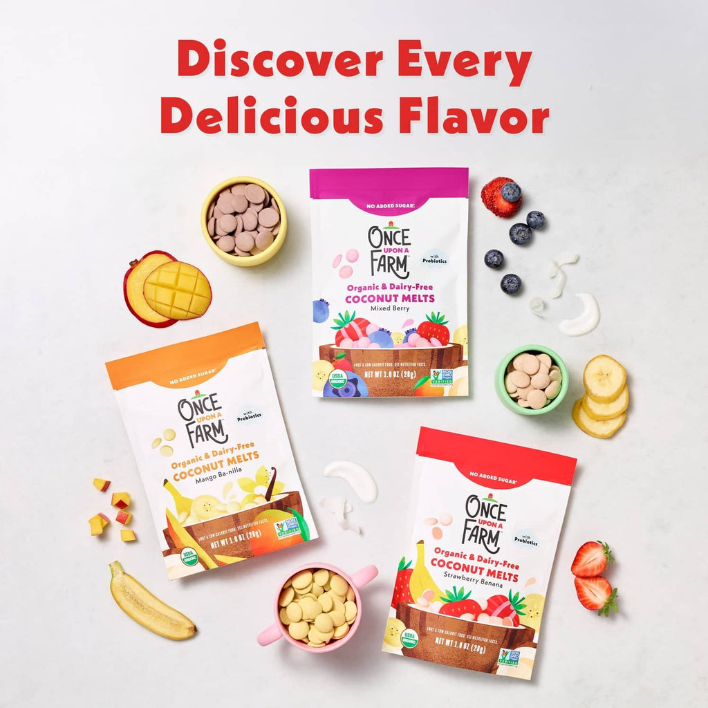 Organic coconut melts variety pouch set with strawberry banana flavor, with probiotics