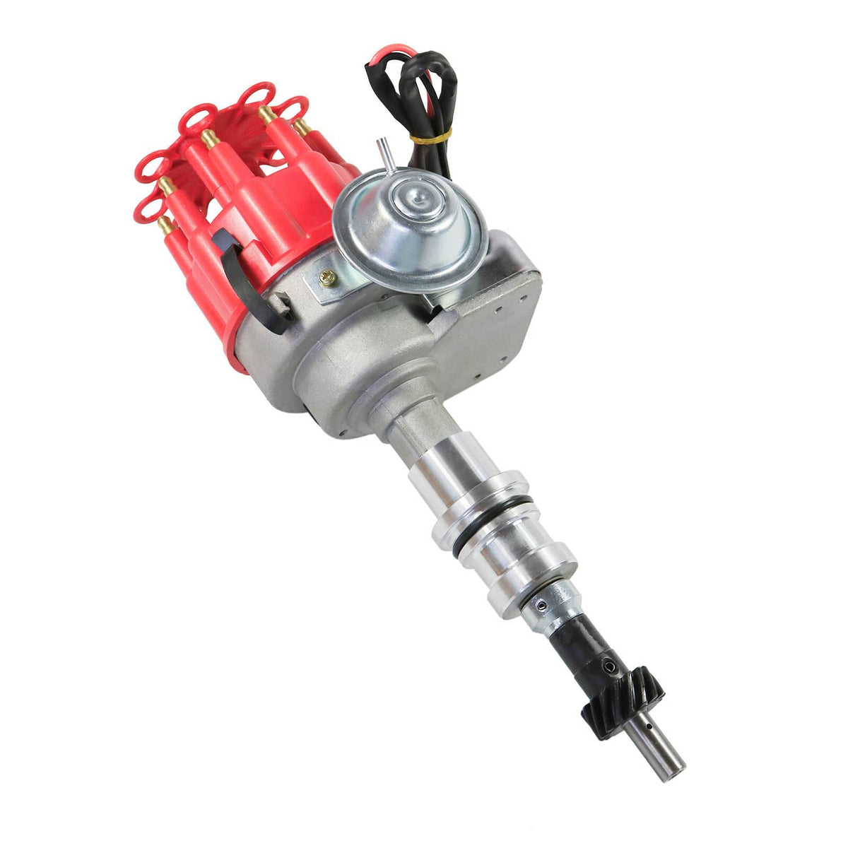 Angled view of red-and-silver HEI distributor with ignition wire leads