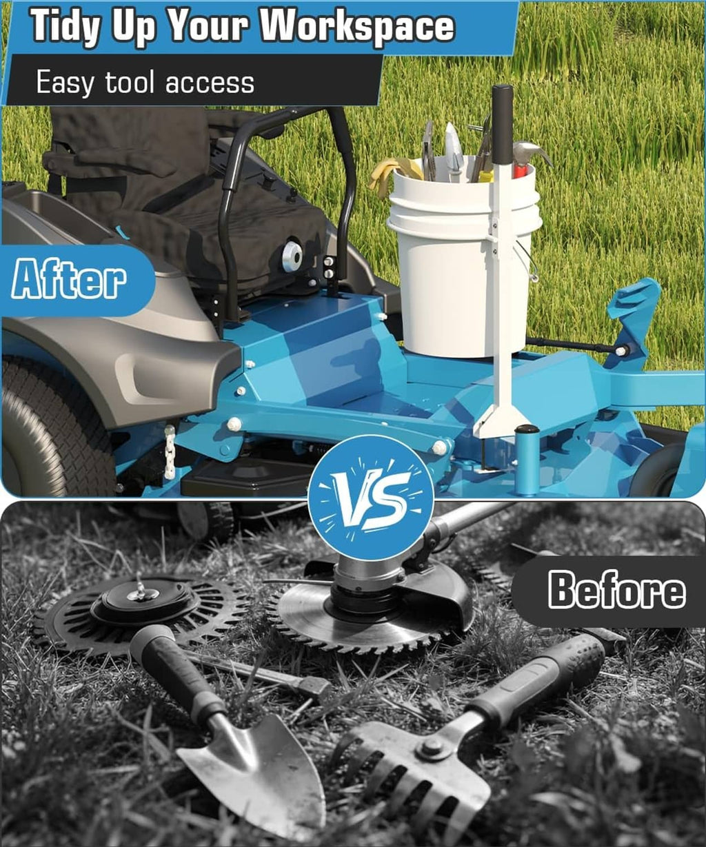 White bucket holder mount on mower deck with black grip for easy tool access