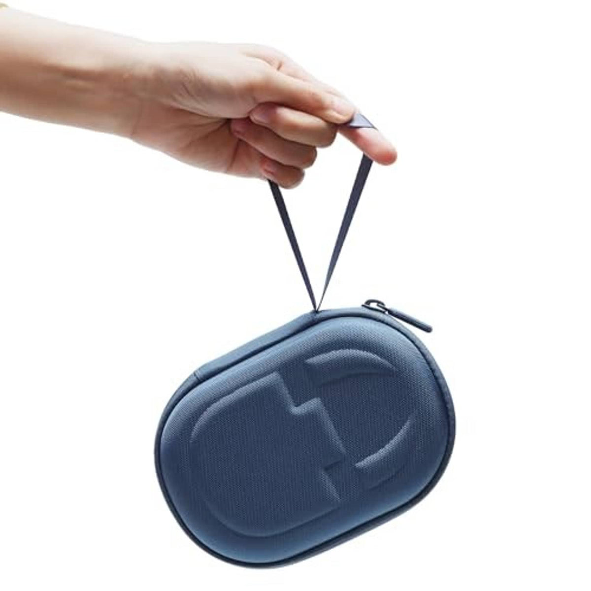 Blue speaker case with wrist strap and zipper closure, held by the hand